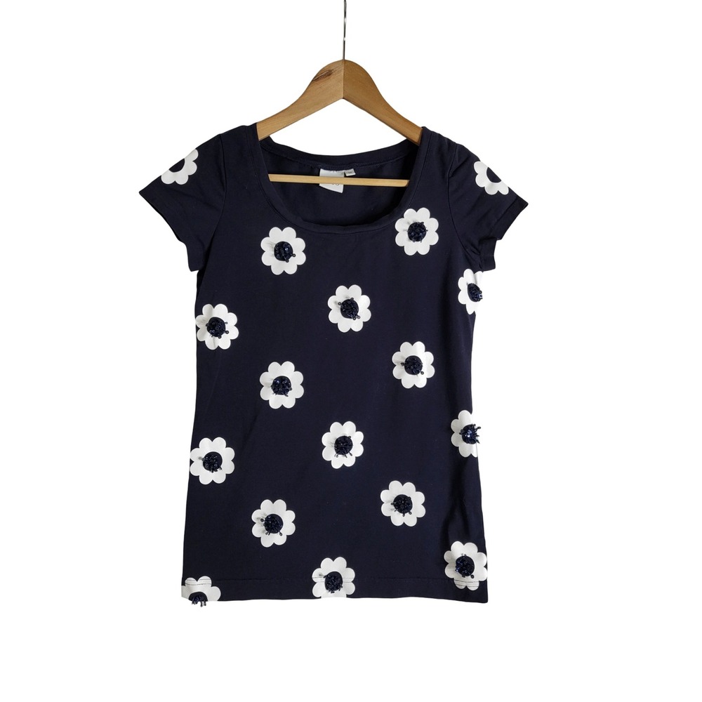 iROO Navy Blue Daisy Print Sequin Embellished Short Sleeve Top Sz 38 60s Mod